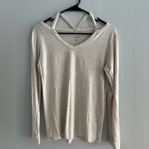 Long Sleeve V-Neck Top Strappy Back Small Oatmeal